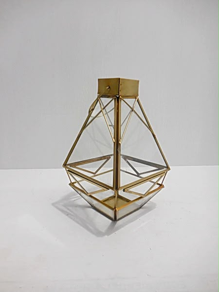 Angular open-frame gold-tone metal lantern